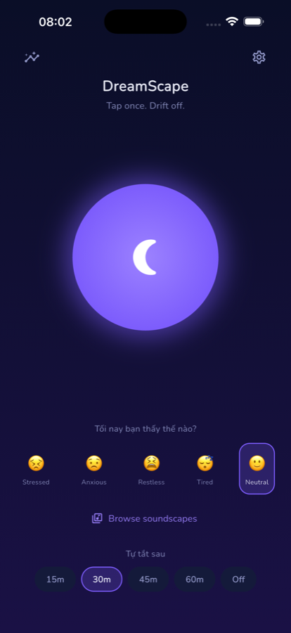 DreamScape home screen with quick sleep controls